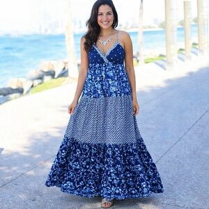 Coastal Cottage Blue Floral Midi Dress Long Flowy Cotton Tiered Fit Sundress